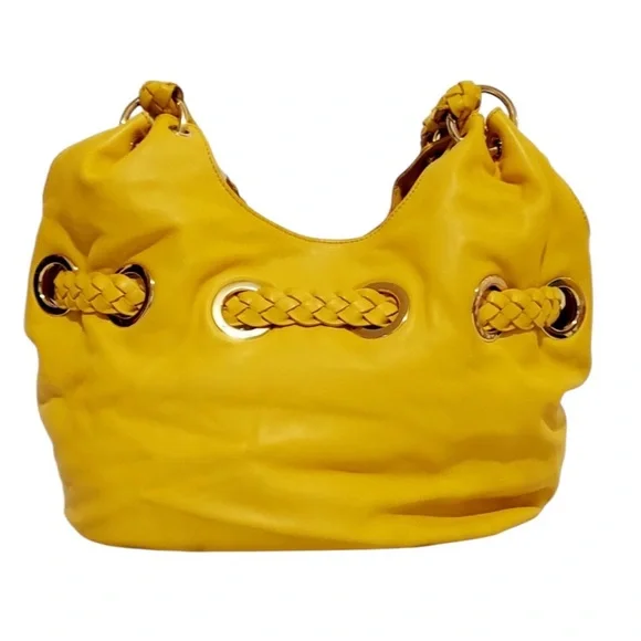 Michael Kors Astor Large Grommet Tassel Leather Hobo Shoulder Bag Yellow NWOT - Picture 8 of 12